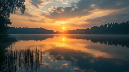 Naklejka premium A vibrant sunrise lights up the calm lake, reflecting natural beauty