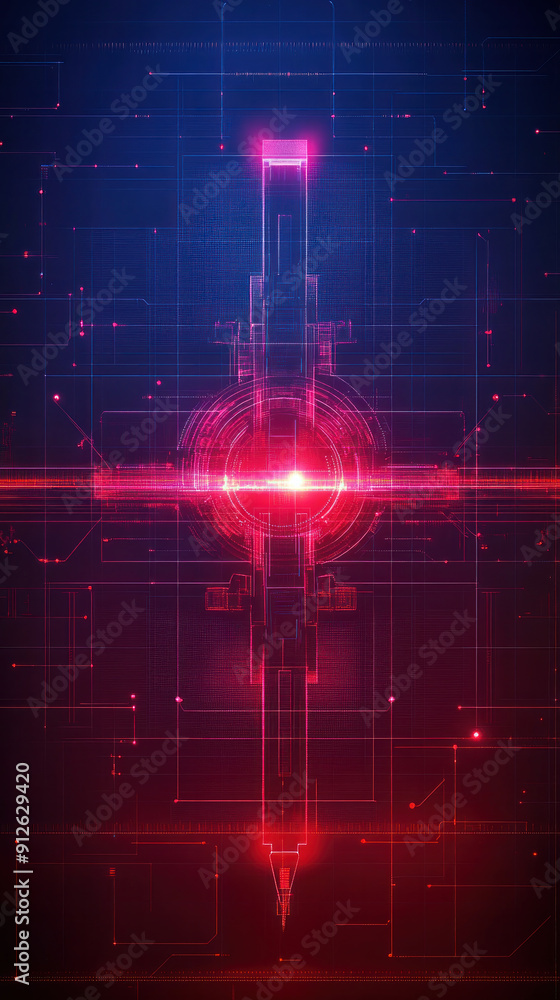 Poster a red and blue image of a glowing cross with a red dot in the center. the image has a futuristic and