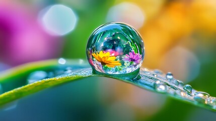 A delicate water droplet on a leaf reflects vibrant flowers nearby