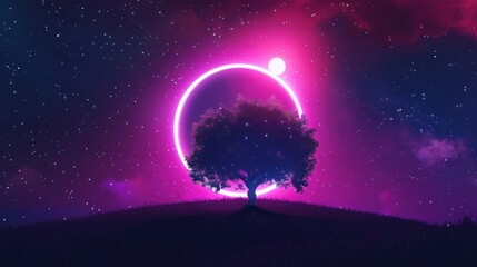 Silhouette of a Tree Against a Neon Sky