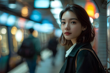 A woman stands in a subway station with a black jacket and a black purse