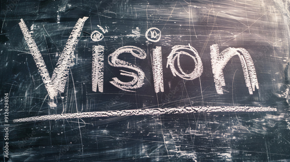 Aufkleber the word vision written in white chalk on a used blackboard is representing the concept of strategy 