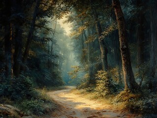 Naklejka premium A tranquil path meanders through dense trees, illuminated by soft afternoon sunlight