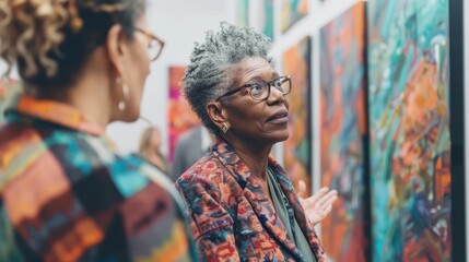 Obraz premium A group of art lovers discusses the vibrant artworks displayed on the gallery walls