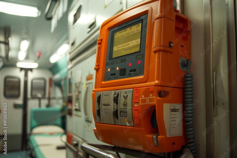 Poster modern emergency defibrillator is hanging in an empty ambulance, waiting for its next use
