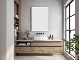 blank poster frame, rustic villa bathroom interior background, Off-White wall background