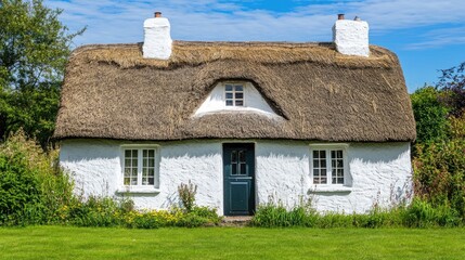 A charming thatched cottage nestled in a lush green landscape under a clear blue sky, perfect for peaceful countryside escapes.