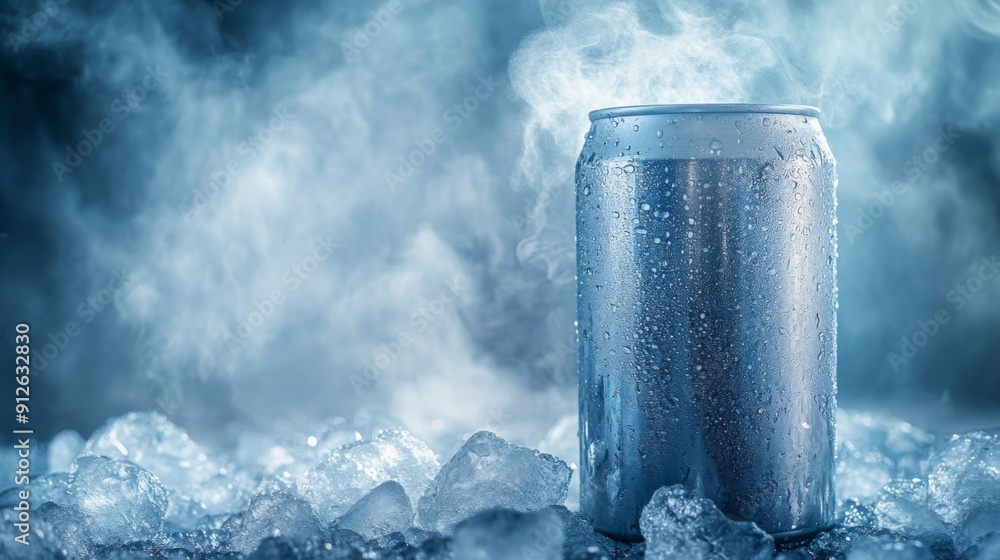 Poster chilled can of drink among ice cubes, with cold mist rising, creating a visually refreshing and cool