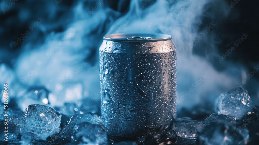 Poster chilled can of drink among ice cubes, with cold mist rising, creating a visually refreshing and cool