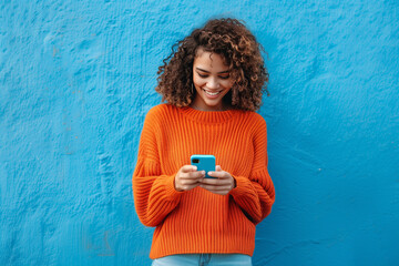 Young African American woman shopping with cell phone, happy using cell phone applications