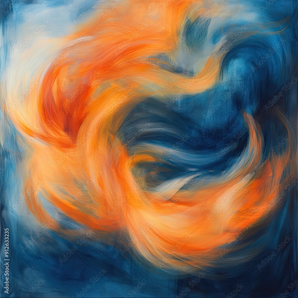 Poster an abstract swirl of orange and blue colors, evoking movement and emotion in a dynamic composition p