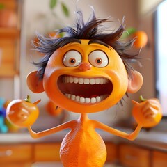 An animated character resembling a small orange creature with a wild, excited expression, surrounded by tiny oranges.