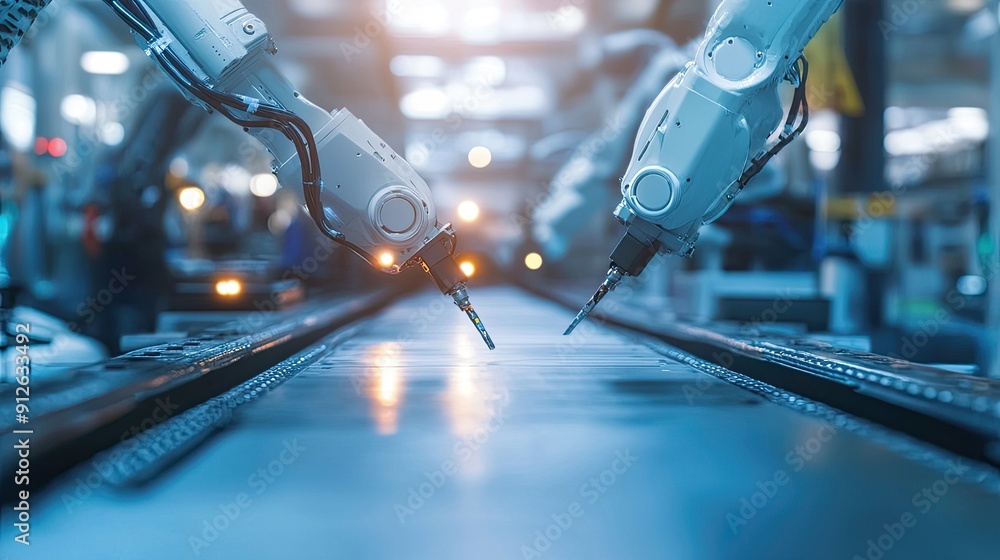 Poster close-up of robotic arms working on a production line, showcasing advanced automation in manufacturi