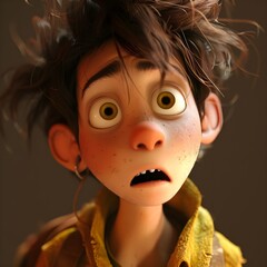 A startled young animated character with wide eyes and messy hair, displaying a look of surprise or shock.