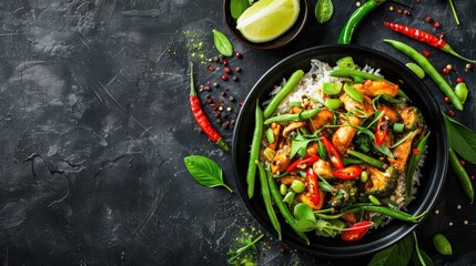 Delicious Asian stir fry with fresh vegetables in a black bowl on dark slate background. Vibrant, healthy meal with lime and spices.