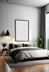 modern dark colours bedroom with empty poster frame on the wall