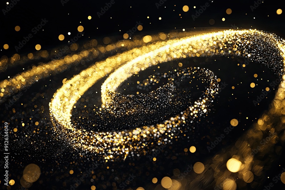 Poster a mesmerizing swirl of golden glitter creating a magical, sparkling effect on a dark background, per