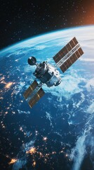 A detailed view of a satellite orbiting Earth, showcasing advanced technology against a backdrop of the planet and space.