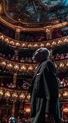 A distinguished speaker captivates the audience in a beautiful, historic theatre filled with golden lights and intricate decorations