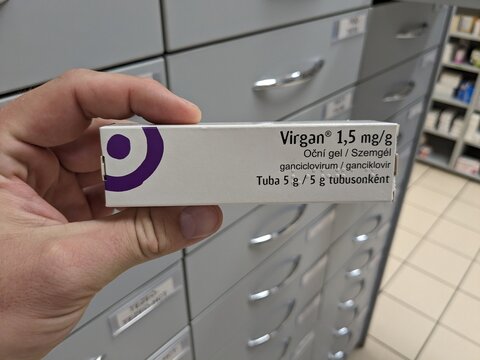 Prague,Czech Republic-August 7 2024: VIRGAN box of medication with GANCICLOVIR active substance by THEA,used for treatment of eye infection,herpes simplex keratitis