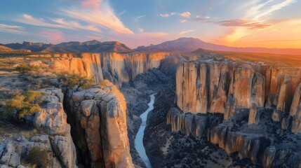 A river flows through a canyon with a beautiful sunset in the background
