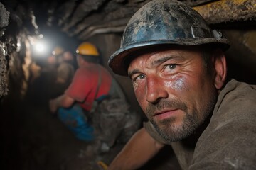 Fototapeta premium Workers wearing protective helmets are inside a dimly lit underground mining tunnel, focusing on their labor-intensive tasks under challenging conditions.