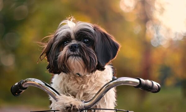 Shih Tzu puppy riding a bicycle
