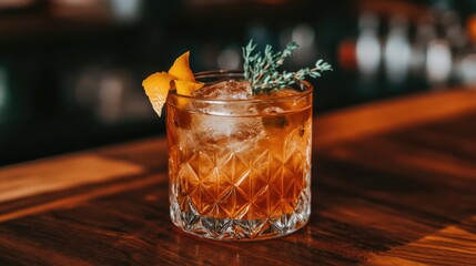 A beautifully crafted cocktail served in an elegant glass, garnished with orange and herb, showcasing a blend of flavors.