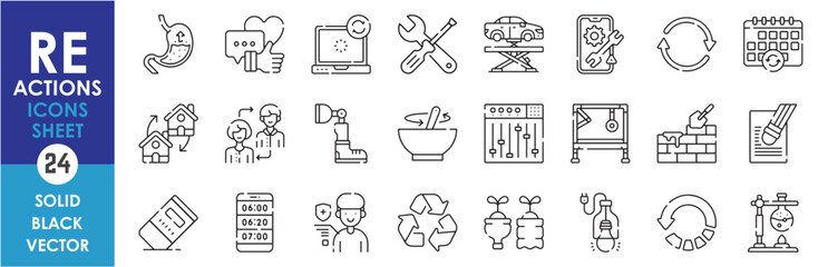 A set of line icons related to re-doing actions. Reuse, reaction, rework, recycle, reform, repair, replace, remix, rebuild, and so on. Vector outline icons set.