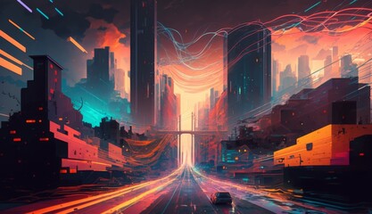 Data Transforms: Colorful Stream Reshapes Futuristic City