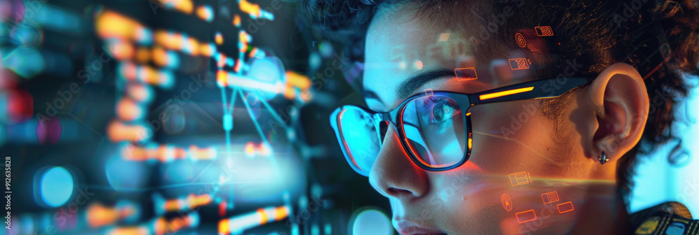 Aufkleber an individual with glasses intently studies digital data graphics displayed on a screen