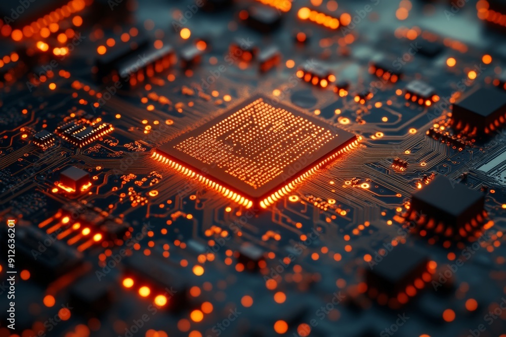 Poster high-tech close-up: detailed microchip on silicon wafer with intricate circuit design in cleanroom e