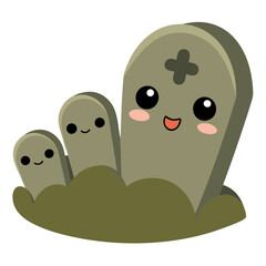 Fototapeta premium Graveyard Fairytale: Kawaii Vector Illustration of Autumn and Halloween Theme on Transparent Background in Green Color Palette, featuring a Charming and Whimsical Design Depicting a Spooky Graveyard S