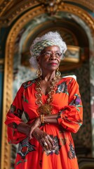 Obraz premium A senior woman stands gracefully, adorned in an orange dress and accessories, showcasing beauty and confidence
