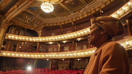 Fototapeta premium An elderly woman stands thoughtfully in a historic theater, recalling her past performances under warm stage lights