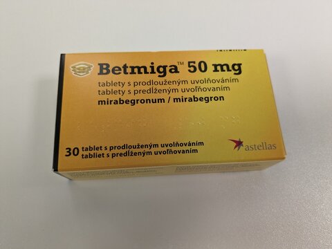 Prague,Czech Republic-August 7 2024: BETMIGA box of medication with MIRABEGRON active substance by ASTELLAS,used for treatment of overactive bladder