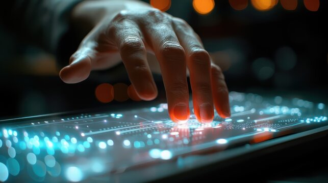 Virtual Reality Meeting Interface Hand Interacting with Futuristic Technology for Remote Work Collaboration and Business Communication