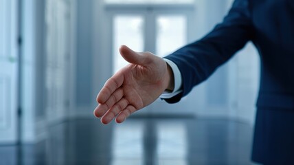 A professional handshake invitation in a well-lit office environment, symbolizing connection and collaboration.