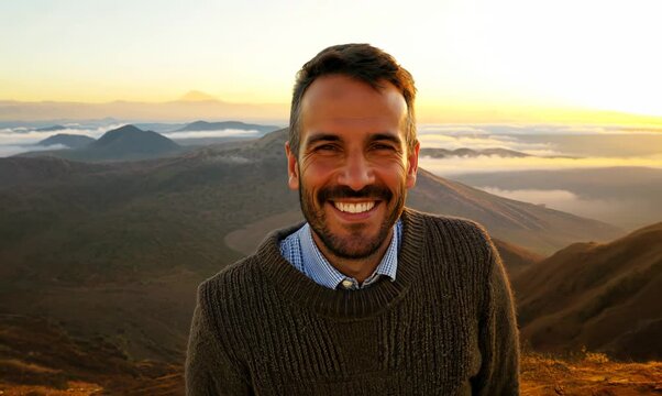 Group portrait video of a pleased man in his 40s that is wearing a chic cardigan at the Mount Roraima in Guiana Shield South America