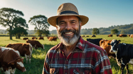 Farmer Middle-aged with Hat Standing in a Green Field with Cattle