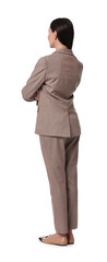Woman in beige suit on white background