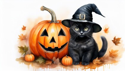 水彩画のハロウィーンのカボチャと黒猫と魔女の帽子（Watercolor halloween pumpkin and black cat with witch hat）  © ochikosan
