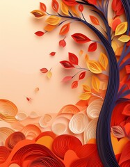 Autumn paper cut background. Fall origami art style poster with tree leaf and branch illustration. Creative foliage decoration with [lace fro advertising or promotion text