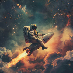 Obraz premium An astronaut sits on a rocket and flies into space