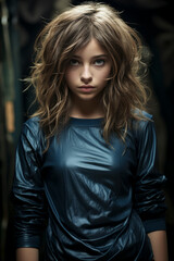 Fototapeta premium A woman with long brown hair and a blue shirt. She is wearing a leather jacket and has a serious expression on her face