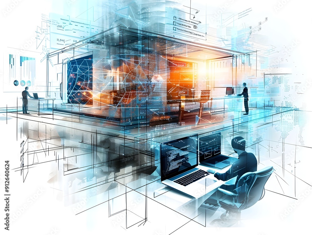 Poster digital network and data flow in modern office.