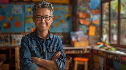 Fototapeta premium Portrait of a Male Teacher in Classroom