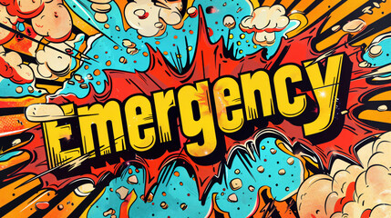 Colorful comic book style emergency word with explosive halftone effects