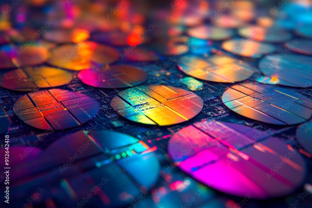 Poster technological tapestry: abstract surreal silicon wafer with intricate microstructures in electronics