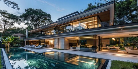 Fototapeta premium Luxury modern villa with a swimming pool and glowing glass facade surrounded by lush trees at twilight.
